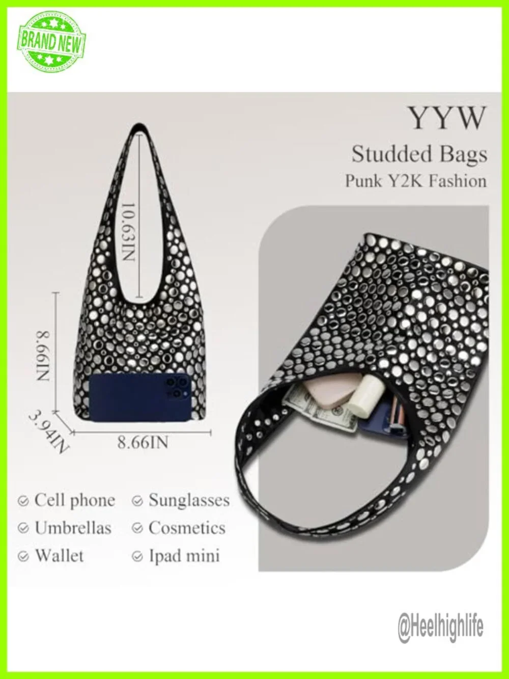 Studded Y2K PU Leather Hobo Shoulder Bag Punk Tote Handbag